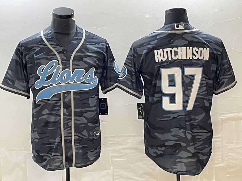 Mens Detroit Lions #97 Aidan Hutchinson Grey Camo With Patch Cool Base Baseball Limited Jersey->->